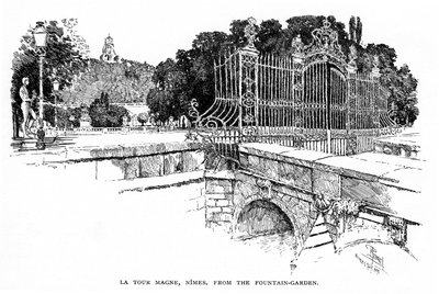 Nimes (Gard, Languedoc): la Torre Magne vista desde el Jardín de la Fontaine en 1888(grabado) de Joseph Pennell
