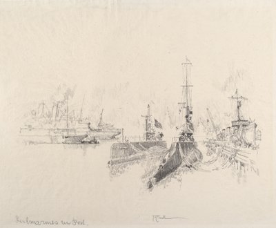 Submarinos en el puerto, 1917 de Joseph Pennell