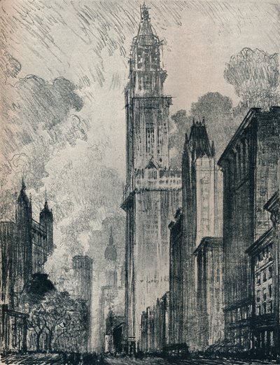 Broadway y el Edificio Woolworth, Nueva York, 1912 de Joseph Pennell