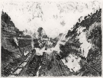 El corte mirando hacia la colina de Ancón, lámina XVII de El Canal de Panamá por Joseph Pennell, 1912 de Joseph Pennell
