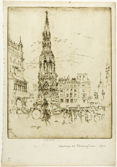 La cruz de Elinor, frente a la estación de tren de Charing Cross de Joseph Pennell