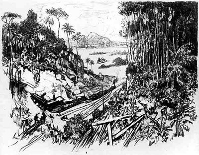 La jungla: el viejo ferrocarril, lámina VIII de El Canal de Panamá por Joseph Pennell, 1912 de Joseph Pennell