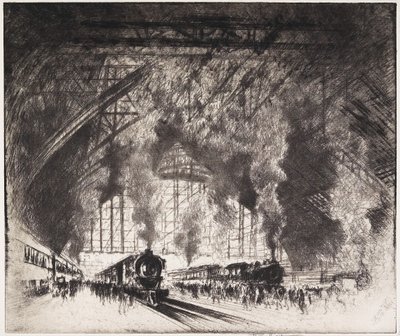 Los trenes que llegan y los trenes que se van, Ferrocarril de Pensilvania, Filadelfia, 1919 de Joseph Pennell