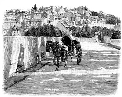 Village du Midi (sur) de Francia con coche de caballos. Grabado de Joseph Pennell 1888 (detalle). de Joseph Pennell