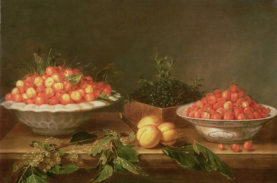 Bodegón con frutas en platos de porcelana y una caja de madera de Joseph Plepp