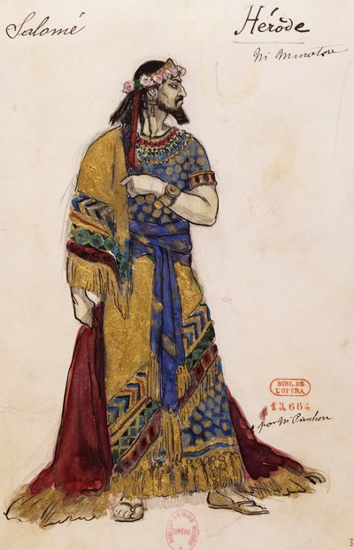 Herodes Antipas, boceto de Joseph Porphyre Pinchon (1871-1953) para Salomé, de Richard Strauss (1864-1949), representado en la Ópera Garnier de París, 3 de mayo. de Joseph Porphyre Pinchon