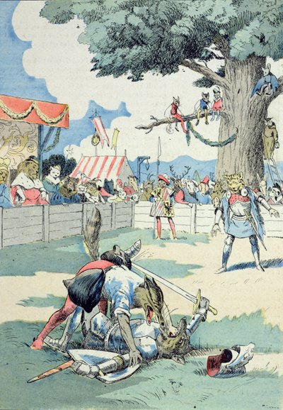 La batalla entre Renard e Ysengrin, de "Las aventuras del maestro Renard" de G. Le Cordier, c.1900 (litografía en color) de Joseph Porphyre Pinchon