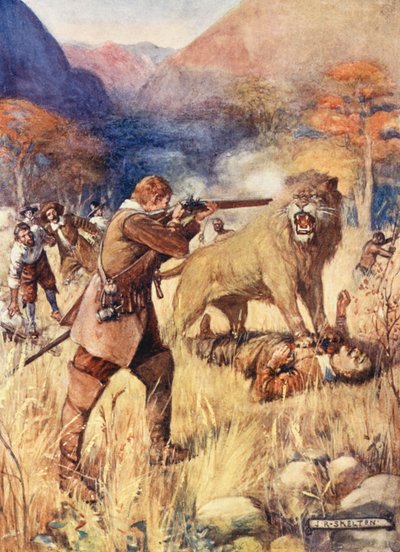 Un gran león saltó sobre uno de los hombres (litografía en color) de Joseph Ratcliffe (after) Skelton
