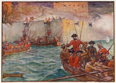 El almirante Edward Vernon dirigiendo un ataque durante la Guerra de la Oreja de Jenkins (litografía en color) de Joseph Ratcliffe (after) Skelton