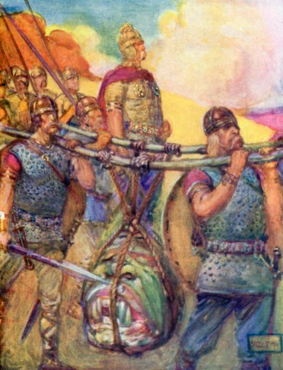 Llevando la horrible cabeza de Grendel (litografía en color) de Joseph Ratcliffe (after) Skelton