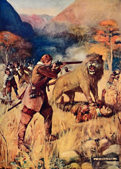 Un gran león saltó sobre uno de los hombres, 1909 de Joseph Ratcliffe Skelton