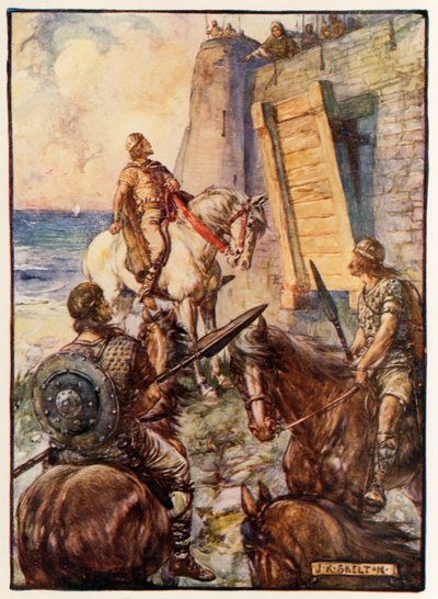 Macbeth siendo rechazado por Lady Macduff mientras su esposo escapa por mar de Joseph Ratcliffe Skelton