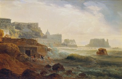 Costa cerca de Nápoles con un castillo y pescadores tirando de una red de Joseph Rebell
