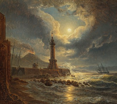 Faro en el puerto de Nápoles a la luz de la luna de Joseph Rebell