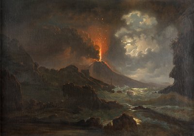 Vesubio en erupción por la noche con vistas a la Scuola di Virgilio de Joseph Rebell
