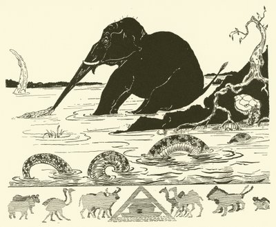 El niño del elefante siendo tirado de la nariz por el cocodrilo (grabado) de Joseph Rudyard (after) Kipling