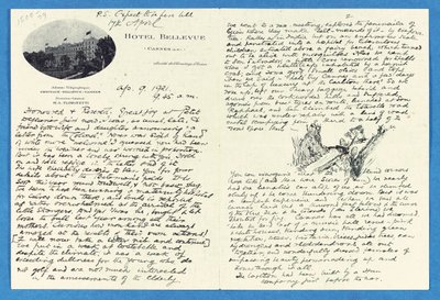 Carta autógrafa al Coronel H. W. Feilden, Hotel Bellvue Cannes, 9 de abril de Joseph Rudyard Kipling