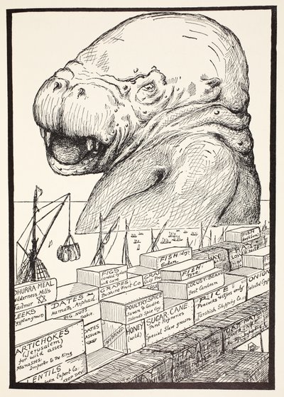El animal que salió del mar y se comió toda la comida que Suleiman-bin-Daoud había preparado para todos los animales del mundo, ilustración de Just So Stories for Little Children de Rudyard Kipling de Joseph Rudyard Kipling