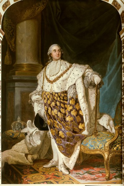 Retrato de cuerpo entero del Rey de Francia Luis XVI en traje de coronación (1754-1793) Lleva el collar de la Orden del Espíritu Santo - Pintura del taller de Joseph Siffred Duplessis (1725-1802) de Joseph Siffred Duplessis