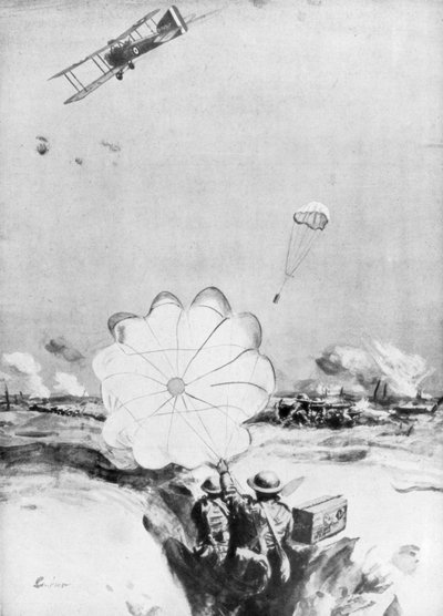 Avión suministrando municiones a la línea del frente británica, Primera Guerra Mundial, 1914-1918 de Joseph Simpson