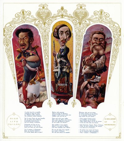 Caricaturas: Emperador Meiji de Japón; Maurice Barres, escritor y político nacionalista francés; Jean Jaures, político francés de Joseph Sirat