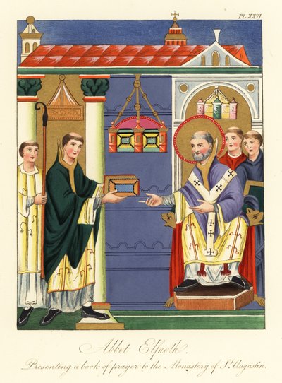 El abad Elfnoth presentando un libro a San Agustín,1858 (grabado) de Joseph Strutt