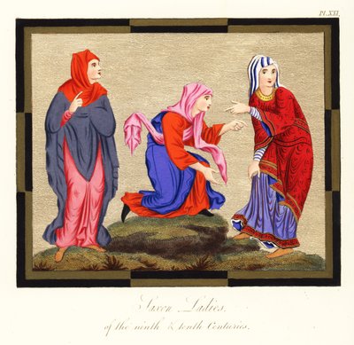 Trajes de mujer anglosajones, siglos IX y X ,1854 (grabado) de Joseph Strutt
