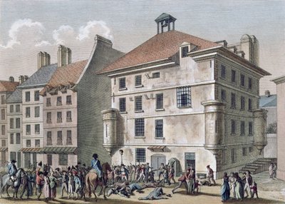 Las Masacres de Septiembre: La Masacre en la Prisión de la Abadía cerca de St. Germain des Pres, 2-5 de septiembre de 1792, grabado por Reinier Vinkeles (1741-1816) y Daniel Vrydag (1765-1822) (grabado en color) de Joseph Swebach Desfontaines