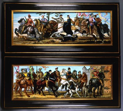 Un par de placas de pared de cerámica, que representan escenas medievales de cazadores con perros de Joseph Theodore Deck