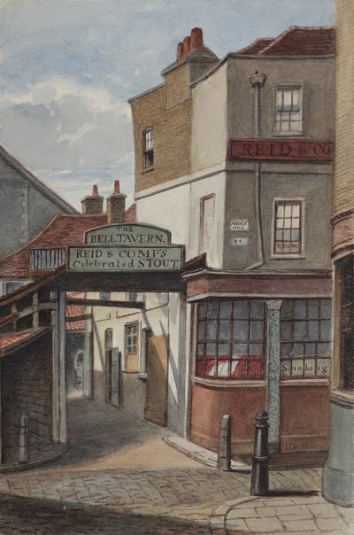 Vista de la Taberna Bell, Addle Hill, mostrando el letrero de la famosa cerveza de Reid and Company y un poste de bordillo de Joseph Thomas Wilson