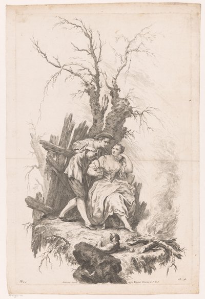 hombre y mujer, con, perro, por, un, fuego Invierno Cuatro estaciones (título de la serie) de Joseph Wagner (possibly)