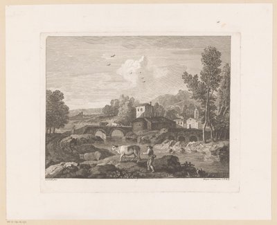 Paisaje fluvial con pastor y vacas en un puente. de Joseph Wagner