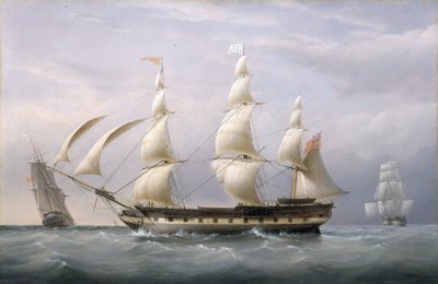 El buque "Britannia" de la Compañía de las Indias Orientales, visto desde tres ángulos, ha regresado de Barbados. Óleo sobre lienzo de Joseph Walter