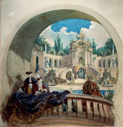 Dibujo preparatorio de la luneta del techo de la sala de audiencias del castillo real de Luis II en Linderhof de Joseph Watter