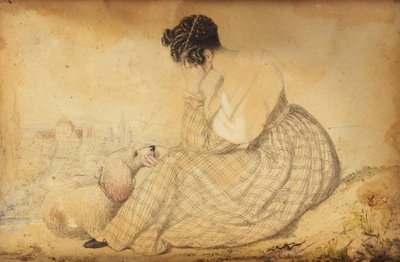 Pisapapeles con mujer de luto con perro y vista de Viena de Joseph Weidner