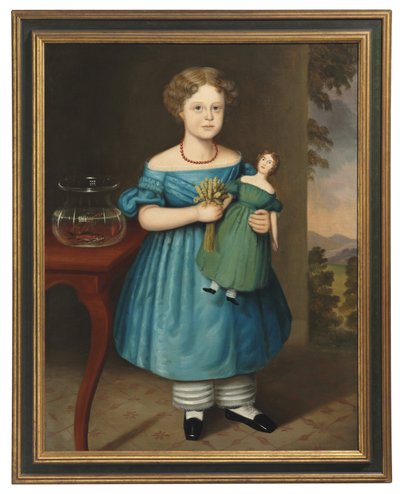 Retrato de Amy Philpot en un vestido azul con muñeca y pez dorado de Joseph Whiting Stock