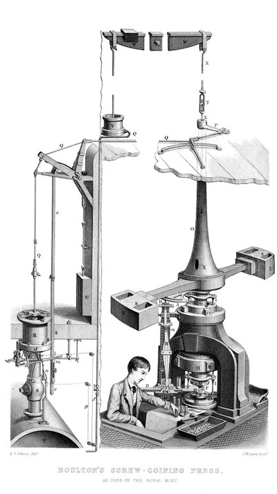 Prensa de acuñación de tornillo de Boulton, como se usa en la Real Casa de la Moneda, 1866 de Joseph Wilson Lowry