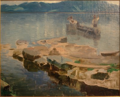 Lengua de roca en el Eibsee con pescadores de Joseph Wopfner