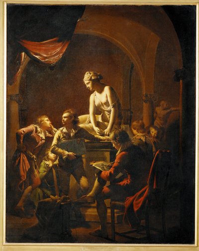 Una clase en una academia de pintores en torno a un molde de escayola de la ninfa con concha ... (pintura sobre lienzo) de Joseph Wright of Derby