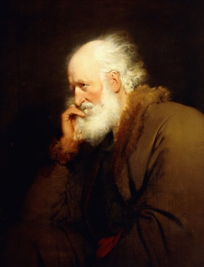 Un anciano, medio cuerpo, con un abrigo marrón forrado de piel de Joseph Wright of Derby