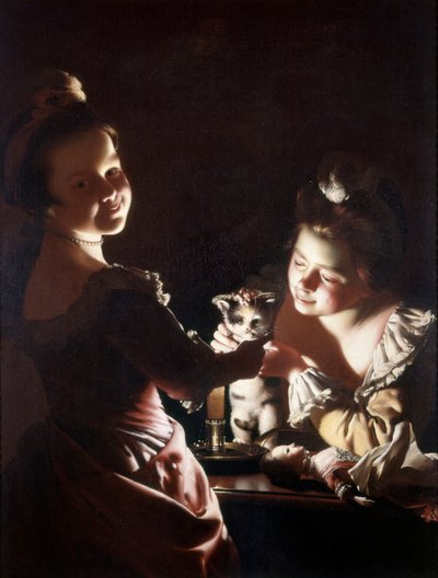 Vestir al gatito, c.1768-70 (óleo sobre lienzo) de Joseph Wright of Derby