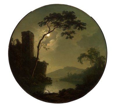 Lago con castillo en una colina de Joseph Wright of Derby