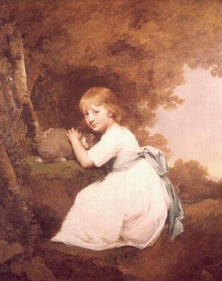 Señorita Bentley en un vestido blanco sosteniendo un conejo de Joseph Wright of Derby