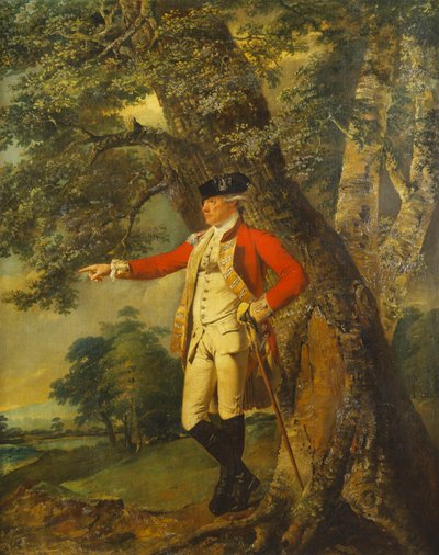 Retrato del coronel Charles Heathcote, de pie, pequeño cuerpo entero en un paisaje boscoso, con el uniforme del trigésimo quinto pie de Joseph Wright of Derby