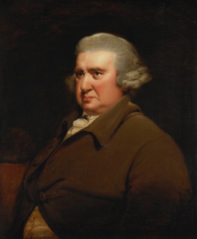 Retrato de Erasmus Darwin, medio cuerpo, con un abrigo beige y camisa blanca de Joseph Wright of Derby