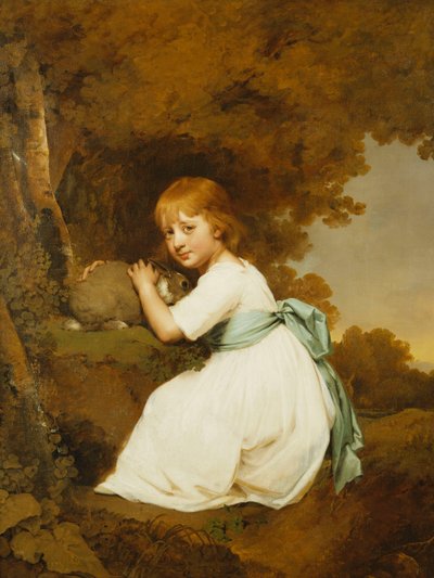 Retrato de la Señorita Bentley, Sentada de Cuerpo Entero, Vestida de Blanco, Sosteniendo un Conejo en un Paisaje, c.1781 de Joseph Wright of Derby