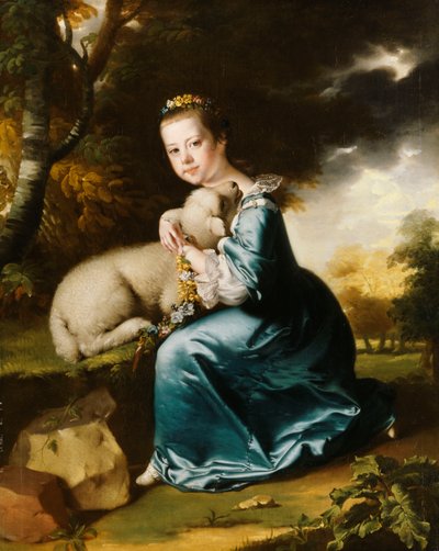 Retrato de la señorita Frances Warren, arrodillada de cuerpo entero en un parque boscoso, vistiendo un vestido azul y sosteniendo un cordero de Joseph Wright of Derby