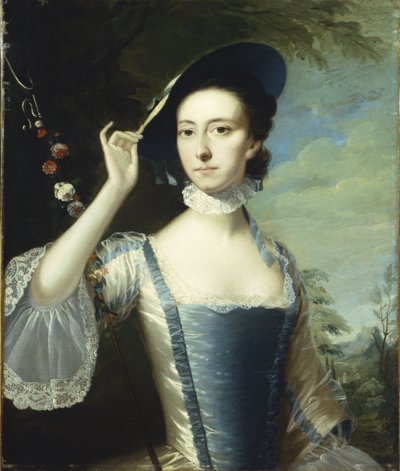 Retrato de una dama junto a una guirnalda de flores, en un paisaje de Joseph Wright of Derby