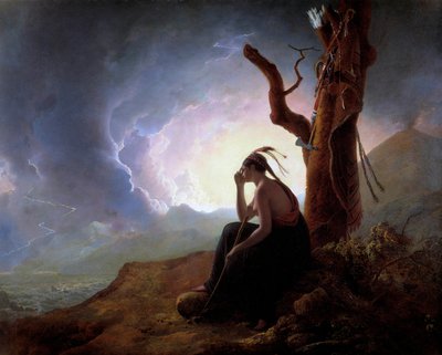 La viuda de un jefe indio vigilando las armas de su esposo de Joseph Wright of Derby