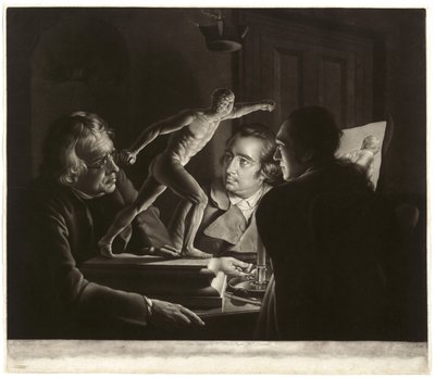 Tres personas viendo al Gladiador a la luz de las velas, grabado por William Pether, 1769 de Joseph Wright of Derby